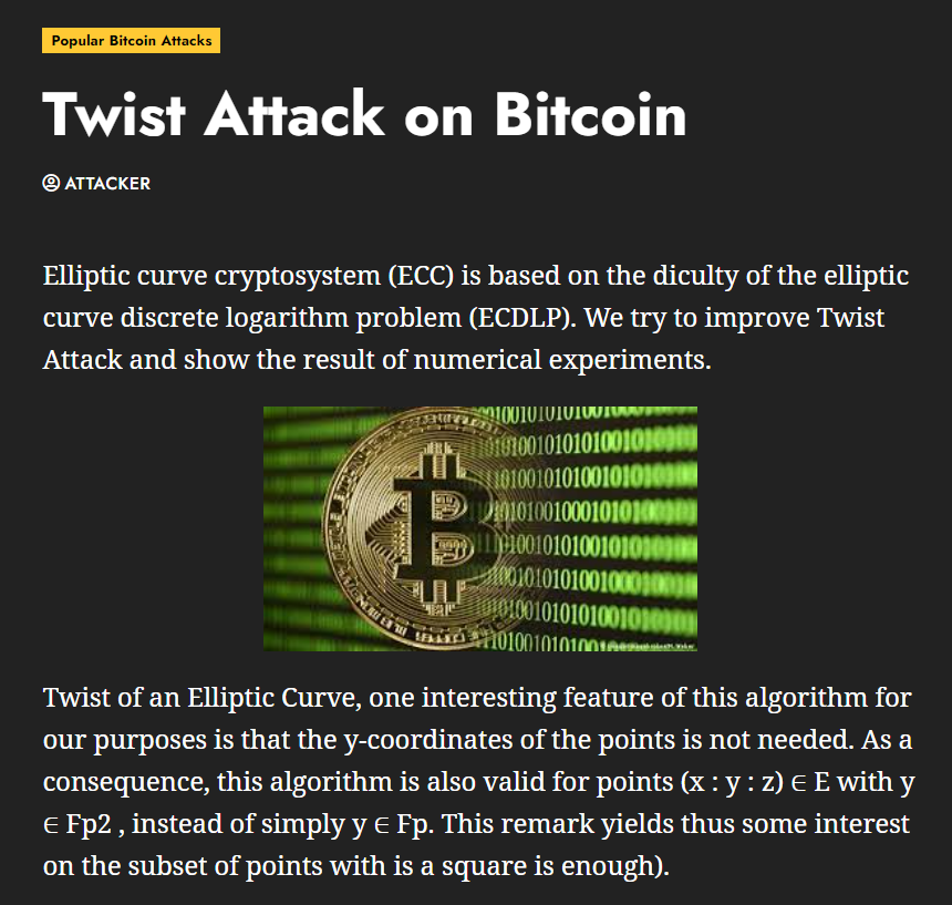 Twist Attack example #2 continue a series of ECC operations to get the value of the private key to the Bitcoin Wallet